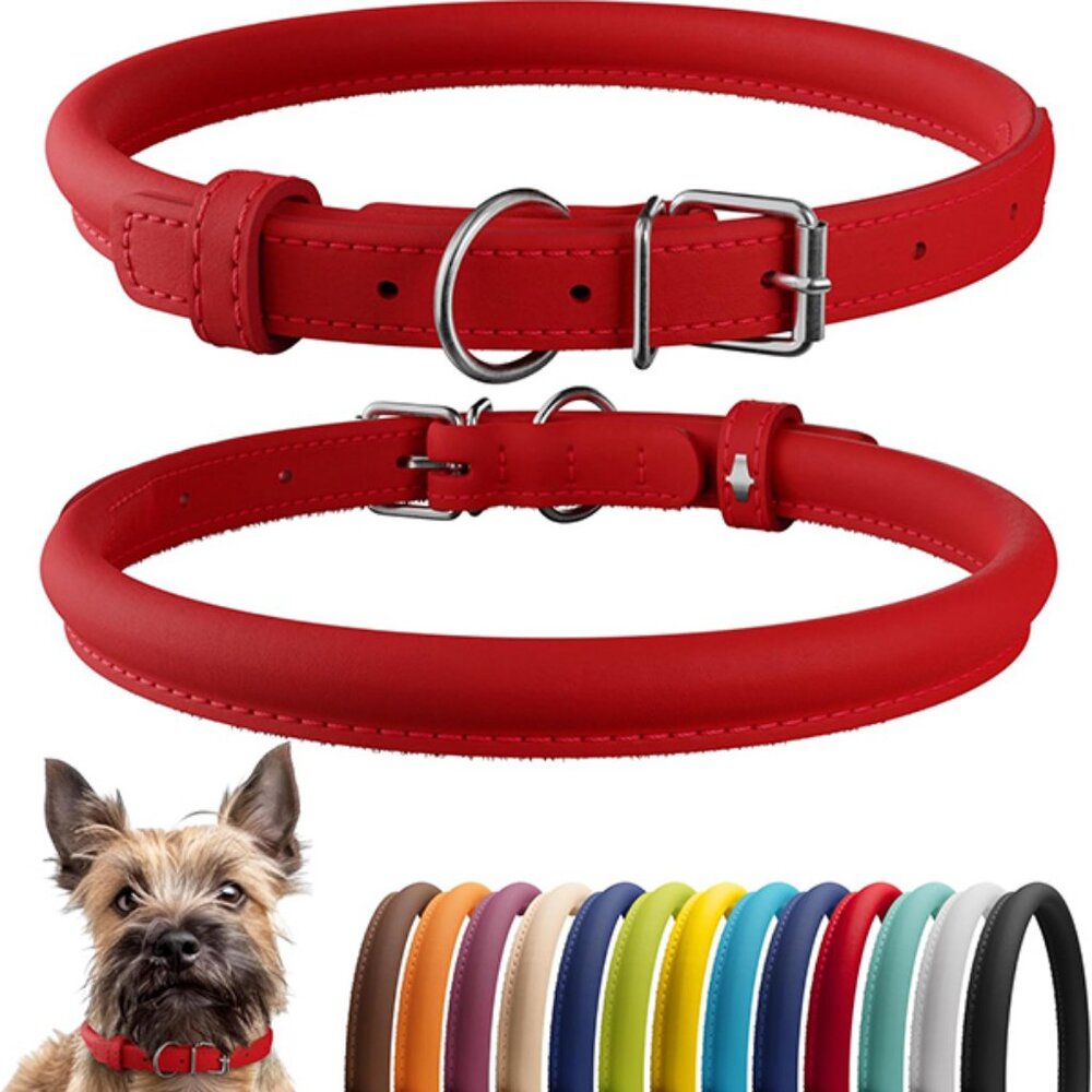 Rolled Leather Dog Collar Red Smooth 8 to 11 Inch – Soft Padded Round Collar for